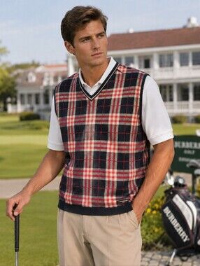 Burberry Golf Vintage Mens Reversible Nova Check Plaid Golf Vest Size XL Rare EC